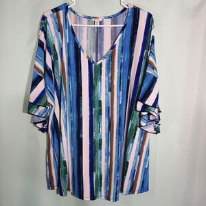 Women’s Blue Green Striped Tunic Top – V-Neck Ruffle Sleeve Blouse 18/20W